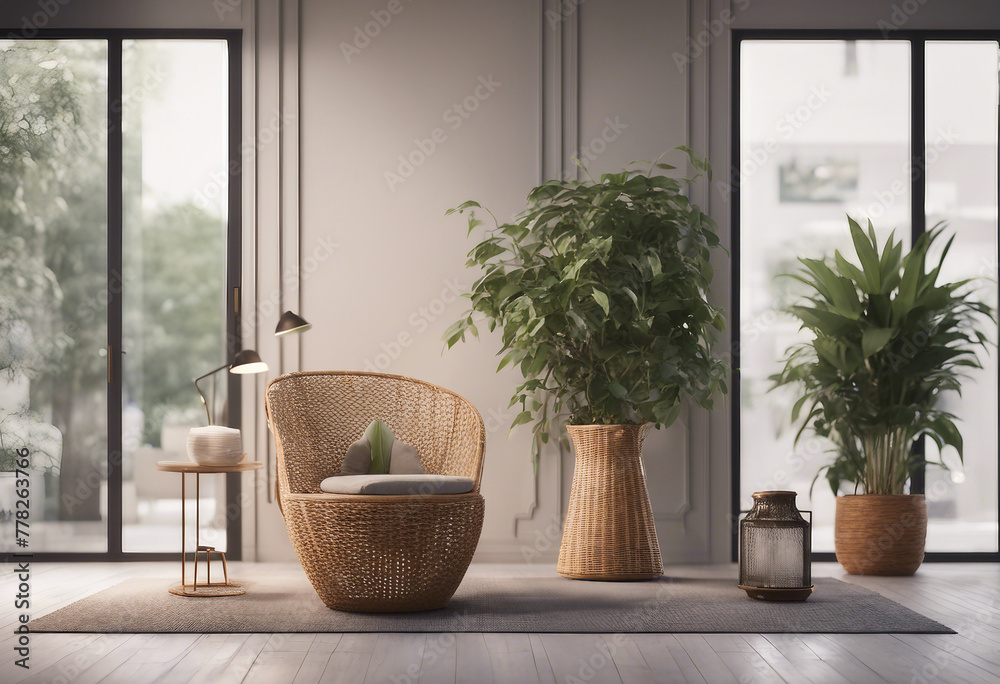 Modern home interior with rattan furniture and dry plant in vase 3d render Modern home interior with rattan furniture and dry plant in vase 3d render