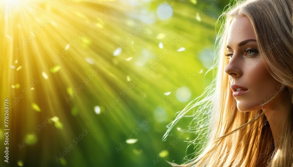 A woman with long, golden hair stands before a verdant backdrop, illuminated by a radiant source behind A woman with long, golden hair stands before a verdant backdrop, illuminated by a radiant source behind
