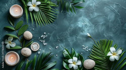 A relaxing and welcoming spa environment, with elements that evoke peace and tranquility. Stones ready for a relaxing massage. Colorful and fragrant flowers, creating a happy and inviting eArte com IR