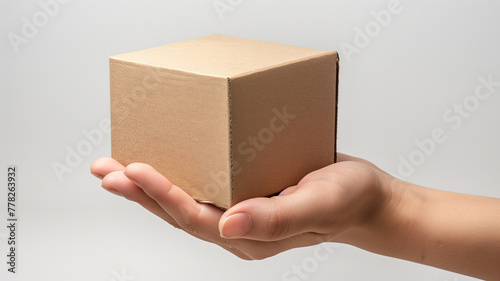 A simple brown cardboard box rests on top of a hand. Small box with natural texture and no additional finishing.
The image can be used for advertisements for products that care about sustaiArte com IR photo