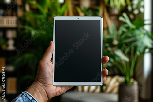 A human hand holding a tablet and a cell phone in its hands.
The devices are positioned so that the mockup space is highlighted.
The image is clear, sharp and well lit.
The background is neArte com IA