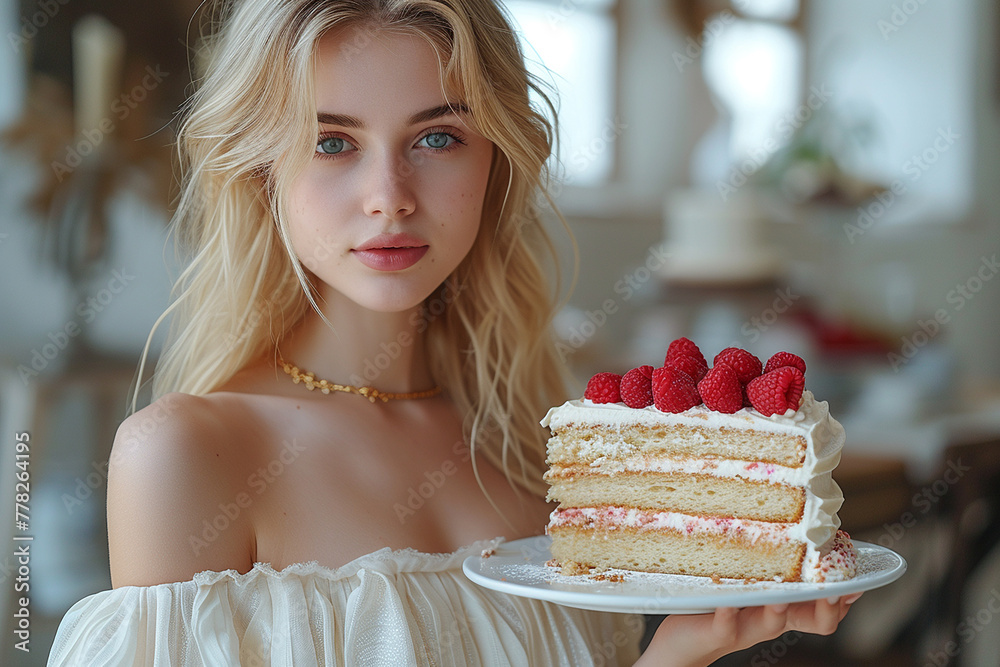 Blonde woman with a slice of strawberry pie. Arte com IA Blonde woman with a slice of strawberry pie. Arte com IA
