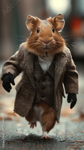 A comically dressed-up hamster appears to walk confidently down a city street in human clothing, looking like a tiny business executive on the move. 