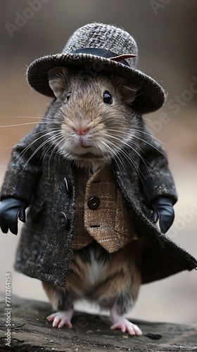 An adorable mouse dressed in a stylish miniature hat and coat poses charmingly for a whimsical and cute portrait  photo