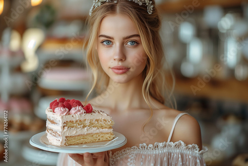 Blonde woman with a slice of strawberry pie. Arte com IA