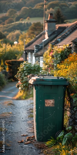 A green waste bin on a quaint countryside road with traditional houses and lush greenery in the background at sunset. 