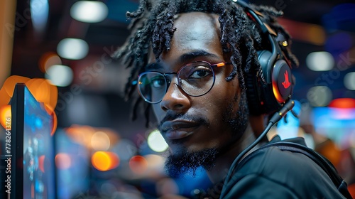 A young man with headphones intensely focuses on a computer screen in a colorful gaming environment  © Munali