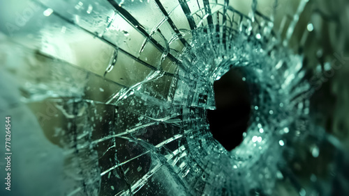 shattered glass from a bullet hole