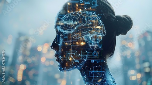 A digital composite image of a woman‚Äôs profile overlaid with futuristic circuitry and a glowing brain symbolizing artificial intelligence and technology in a cityscape background.  photo