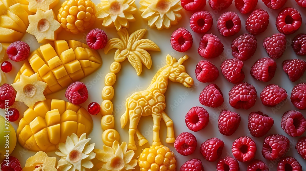 A colorful arrangement of various fruits including raspberries, mango, and carved fruit designs on a bright background. 