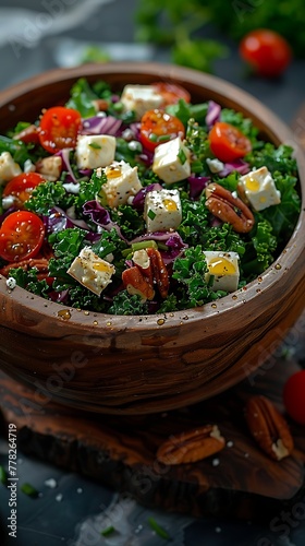 A colorful kale salad with tomatoes, red cabbage, feta cheese, and pecans in a wooden bowl, presented on a dark surface 