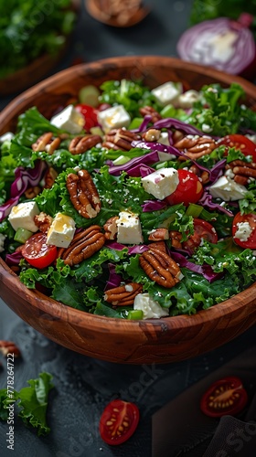 A fresh kale salad with pecans, feta, cherry tomatoes, and red onions served in a wooden bowl on a dark surface. 
