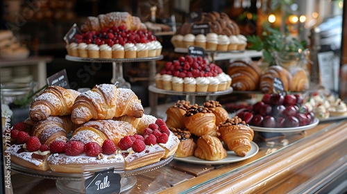 A delectable assortment of fresh pastries and tarts beautifully displayed in a bakery case, tempting the viewer's sweet tooth. 