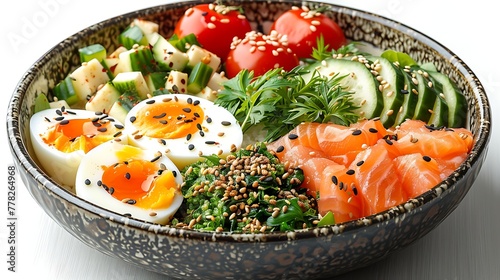 A fresh and healthy poke bowl filled with salmon, avocado, egg, and vegetables on a clean white background.