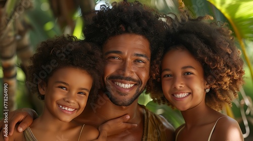 A cheerful father smiles with his two young children in a tropical setting, radiating happiness and family warmth. 