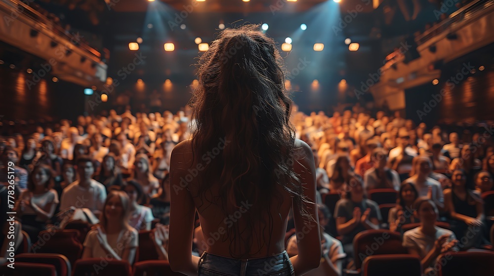A confident woman stands before a packed auditorium, facing an attentive audience illuminated by ambient lighting. 