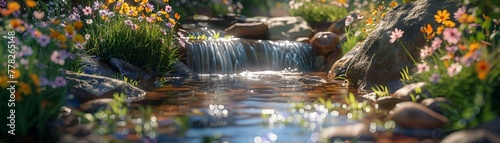 Photorealistic image of a bubbling brook surrounded by spring flowers  natural daylight  high resulution clean sharp focus