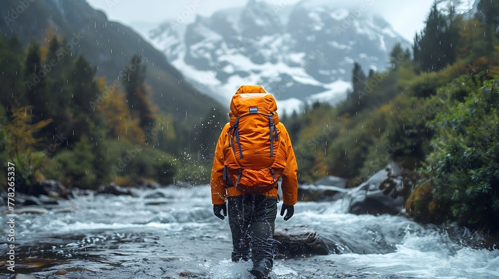 A hiker in an orange jacket wades through a mountain stream with snow-capped peaks in the background.  - obrazy, fototapety, plakaty 