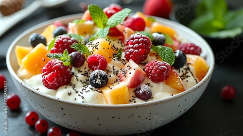 A fresh fruit bowl with yogurt topped with raspberries  blackberries  mango pieces  and chia seeds on a dark background. 