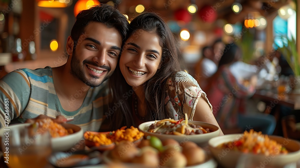 A cheerful young couple enjoys a variety of dishes at a cozy, well-lit restaurant setting