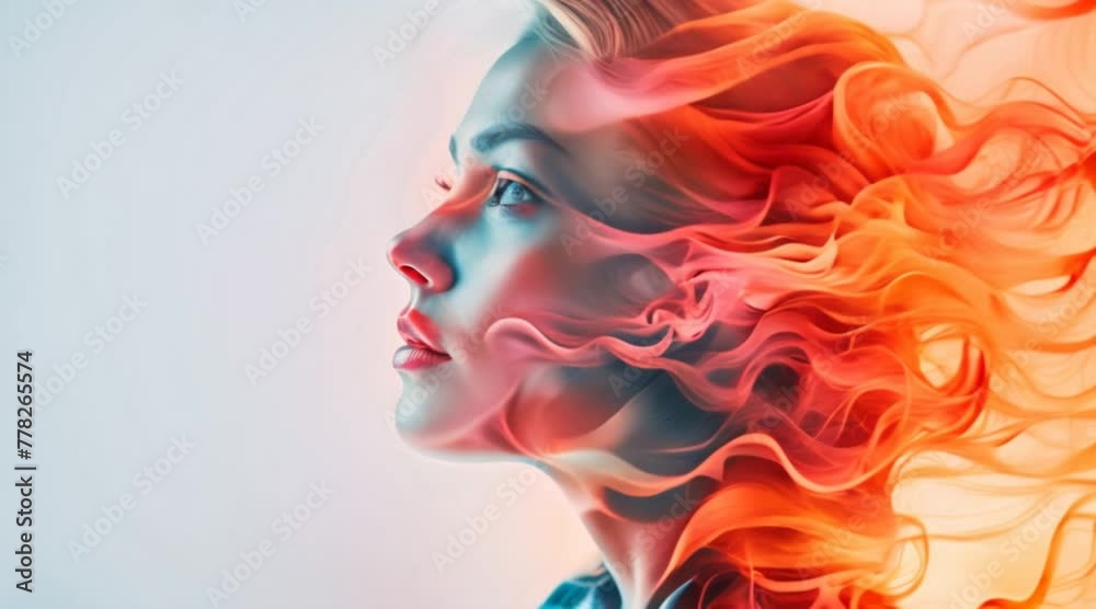 Abstract Woman with Fiery Double Exposure, double exposure portrait of ...