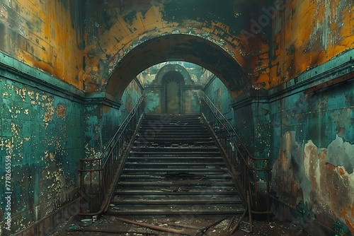 A desolate and weathered staircase leads through an arched passage in an abandoned building, showcasing an eerie atmosphere of decay and neglect. 