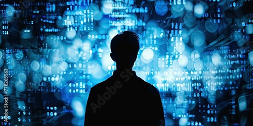 Human silhouette, on the threshold of new discoveries, illustration of artificial intelligence, new technologies, knowledge of the world, symbol, background, wallpaper.