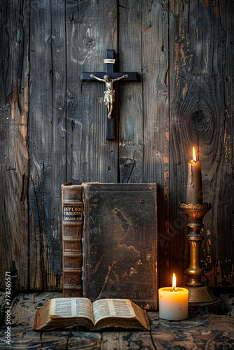 Old Holy Bible, candles and Crucifix on wooden background photo