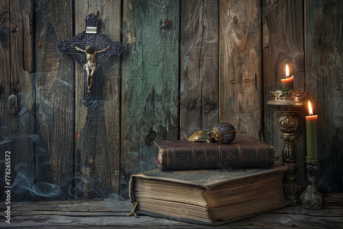 Old Holy Bible, candles and Crucifix on wooden background photo