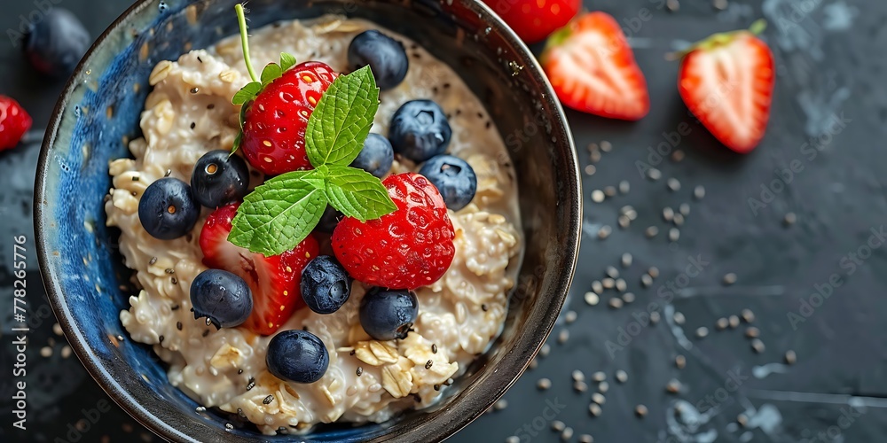 A fresh bowl of oatmeal topped with strawberries, blueberries, and a mint leaf on a dark textured background. 