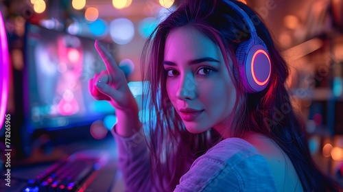 A young woman with headphones gaming in a neon-lit room points towards the camera  symbolizing interaction and engagement in the digital world. 
