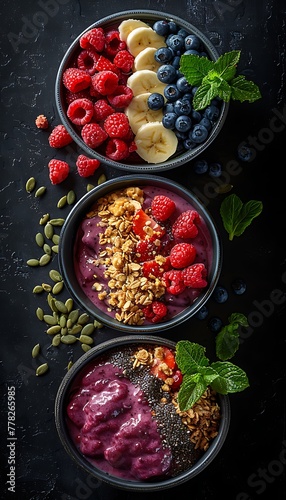 Top view of colorful smoothie bowls garnished with fruits, nuts, and seeds on a dark background, perfect for healthy lifestyle concepts.  photo