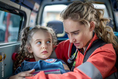 Friendly paramedic comforting young patient before transporting her to hospital photo