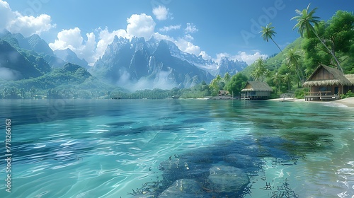 Serene tropical lake scene with traditional huts and majestic mountains in the background 