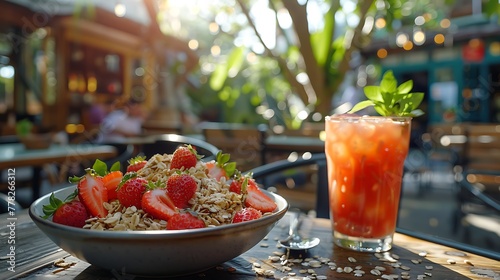 A fresh bowl of strawberry oatmeal and a refreshing beverage on an outdoor cafe table in sunlight. 