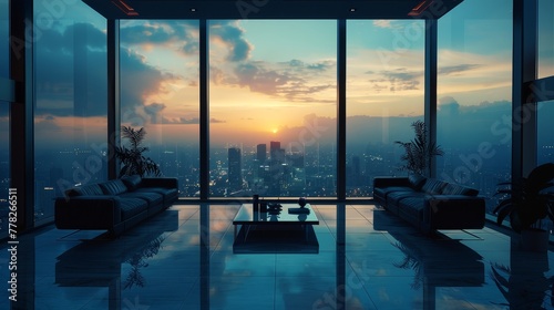 A large living room with a view of the city and a large window. The room is decorated with a black couch and a coffee table