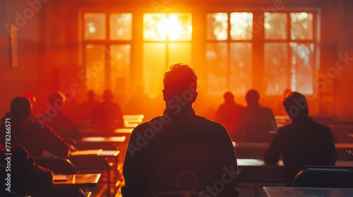 A man sits in a classroom with other students. The room is dimly lit and the man is looking out the window
