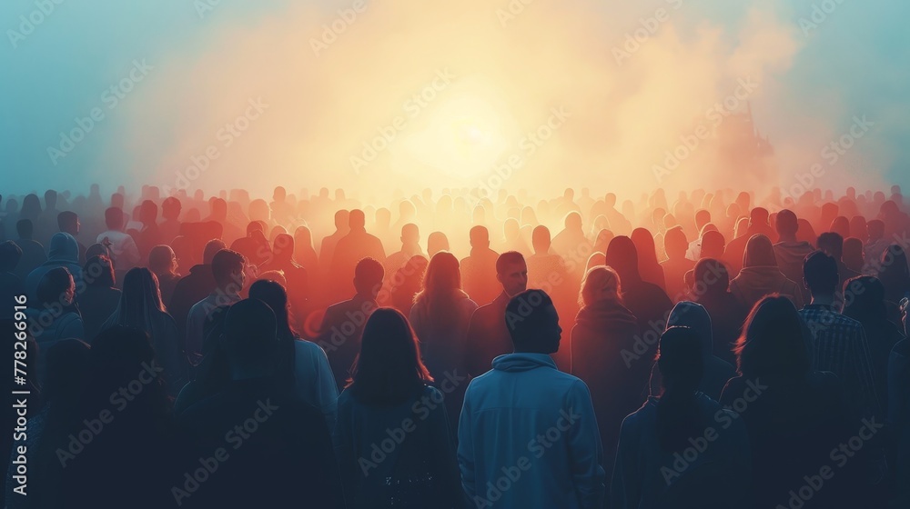 A crowd of people are gathered together in a large open space. The sun is shining brightly, casting a warm glow over the scene. The people are standing close together, creating a sense of unity