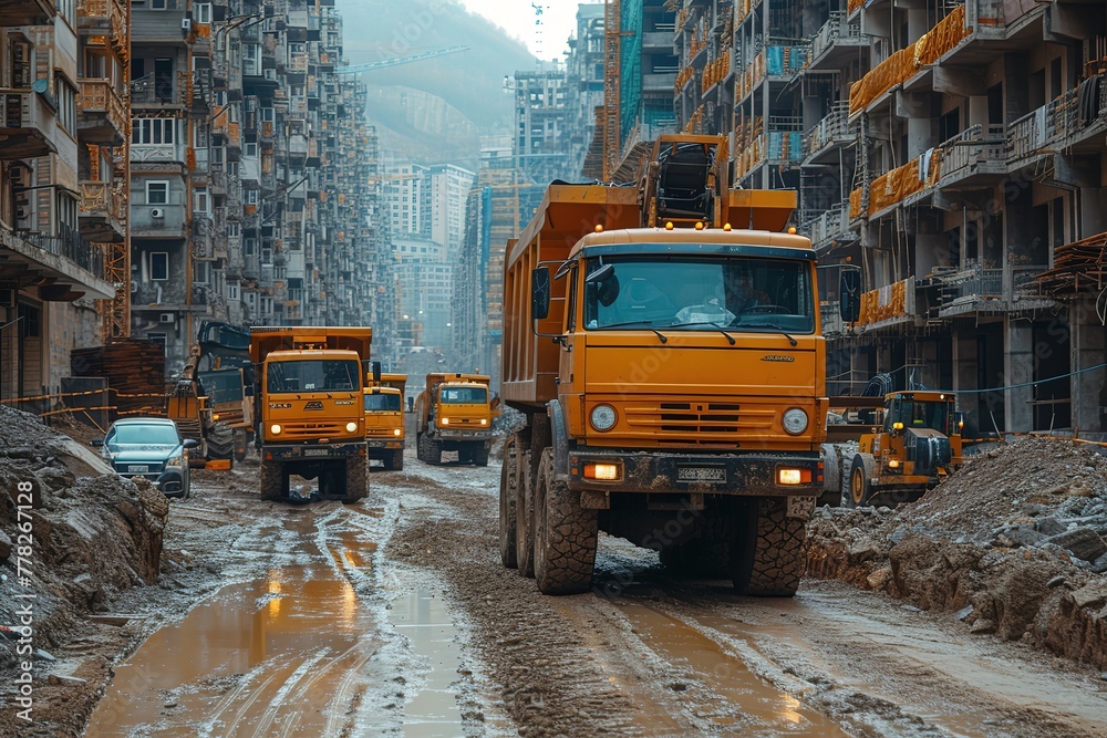 A convoy of construction trucks, each with a unique specialized attachment, working together to build a towering skyscraper