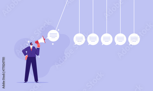 Effect of speech or communication concept, gossip and fake news, businessman in front of newton's cradle with a chat bubble photo