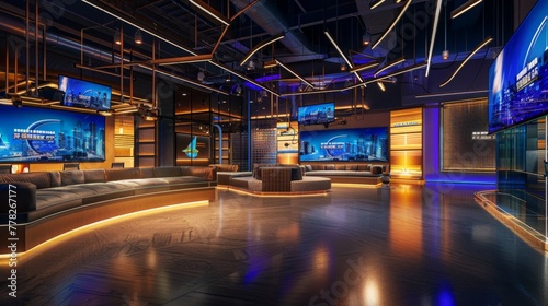 Live news studio showcasing the sleek design and glimmering lights that frame the central area