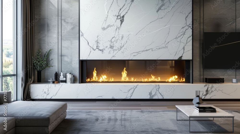 Obraz premium Concept image with elegant modern fireplace against luxury marble wall background
