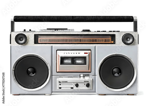 outdated portable stereo boombox radio cassette recorder from 70s, 1980s isolated on white background. Vintage old style. Retro ghetto radio boom box cassette recorder from 80s. front view photo