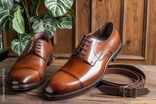 Formal leather shoes and belt photo