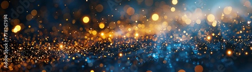 Randomly scattered gold sparkles, floating, photorealistic image with a deep blue background ,3DCG,clean sharp focus