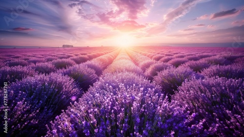 Blooming lavender field, rows of fragrant purple flowers towering against the backdrop of a bright sunny sky © AlfaSmart
