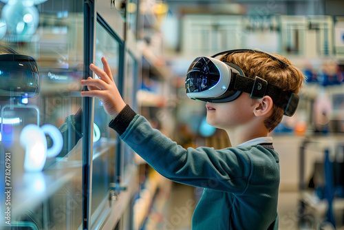 Side view portrait of little boy wearing VR headset and reaching out while testing augmented technology in school laboratory photo