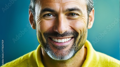  A tight shot of a beaming man with gray hair, clad in a yellow sweater, against a backdrop of a blue wall