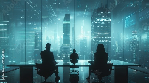 A group of people are sitting at a table in a room with a city view in the background