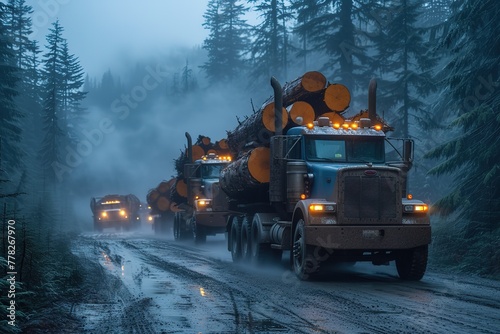 A convoy of heavy-duty logging trucks hauling massive timber logs through a misty, Pacific Northwest forest